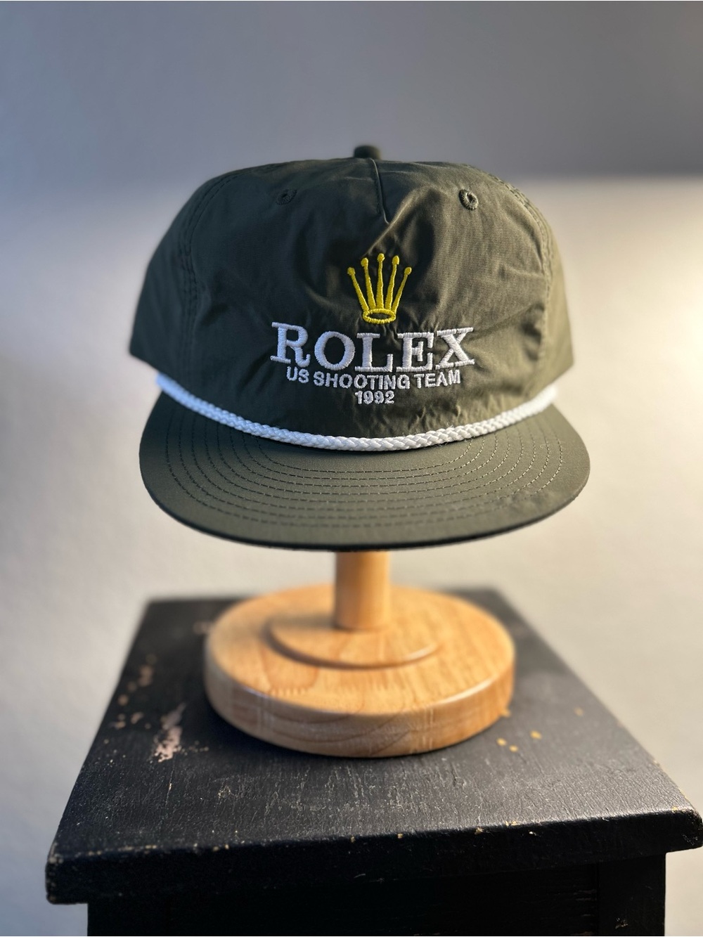 Rolex Olive Green Cap with White Rope and Yellow Crown Emblem